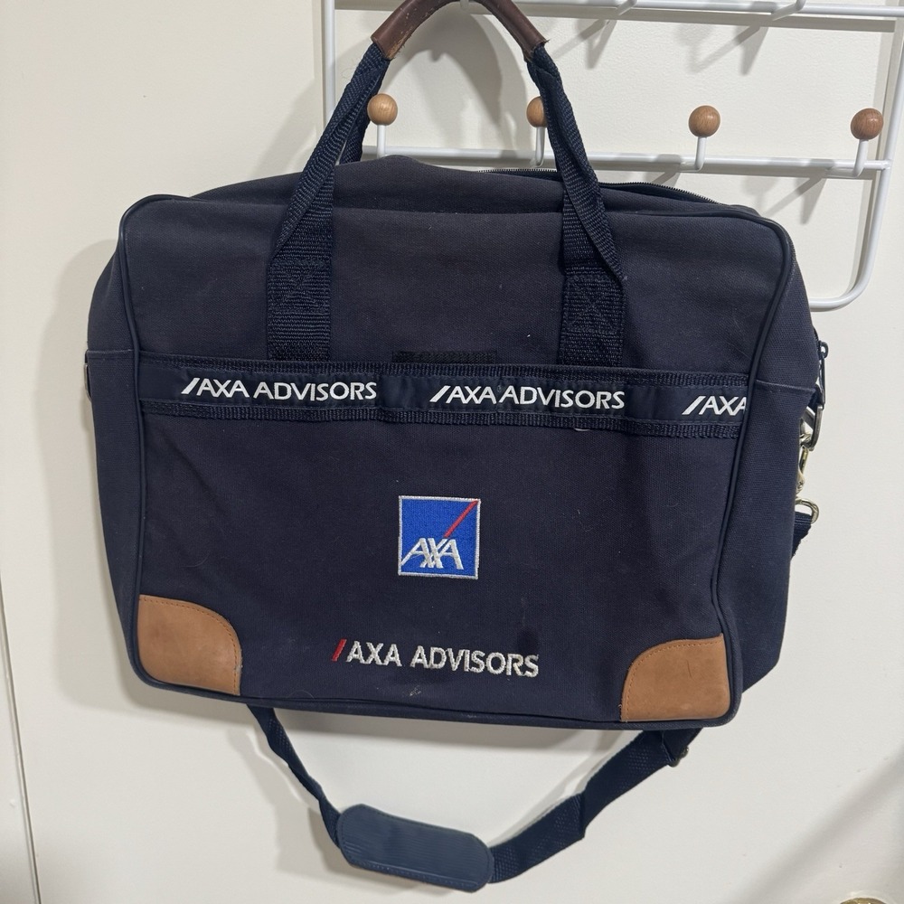 AXA Advisors Canvas Laptop Bag Navy Blue Brown Leather Banker Tote Made in USA